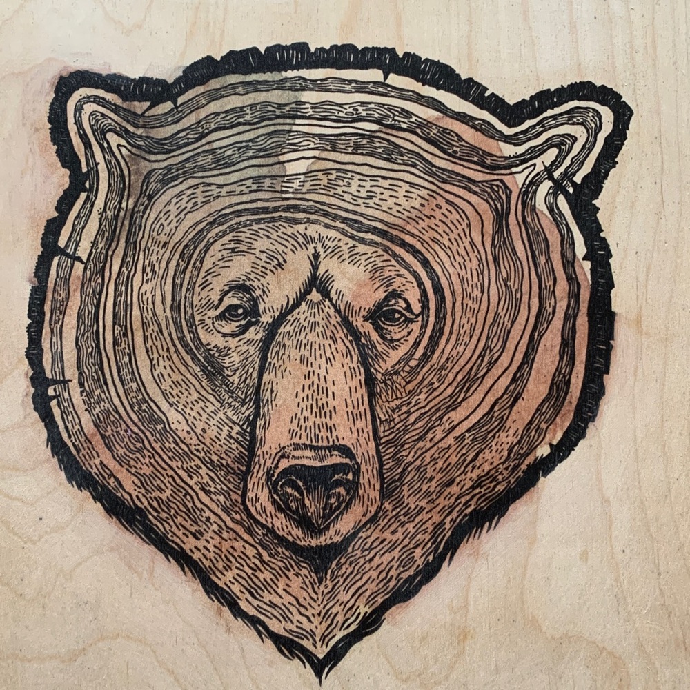 Bear Art Print on Wood - Natural & Black